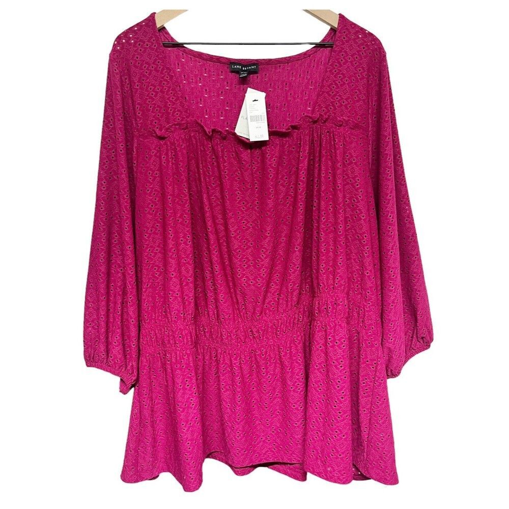 Lane Bryant Womens Pink Eyelet Top Size 26/28 Peplum Long Sleeve NWT